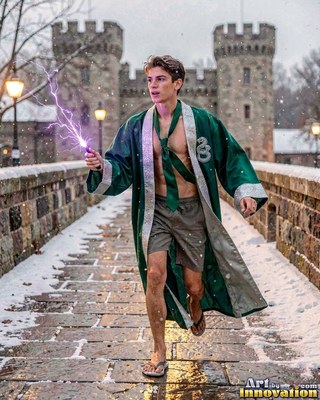A young man in an open deep green robe runs along a snowy stone bridge casting purple sparks