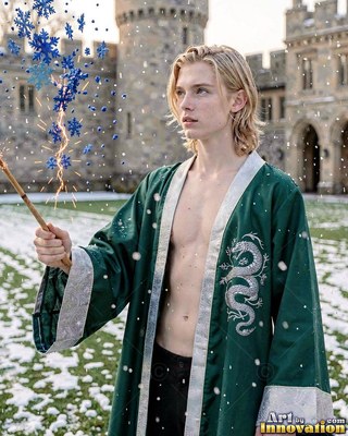 Holding a sparkler, a blond young man wears an open long green robe in a snowy courtyard