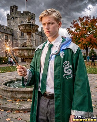 Blond young man in a loose green robe holds a sparking wand by a castle