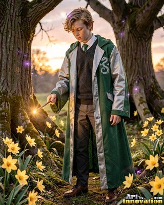 Wearing a long green robe, a young man carries a lit wand in a grove of trees and yellow flowers