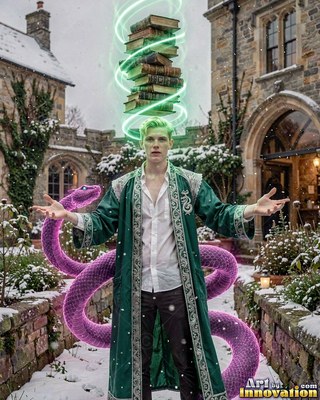 A young man wearing a green gown raises his hands by a giant purple snake beneath green light rings