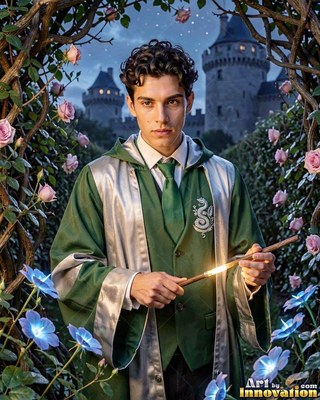 Facing forward in a rose garden, a young man holds a lit wand before a castle