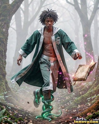 In a misty forest, a young man with an unfastened long green robe levitates a spellbook