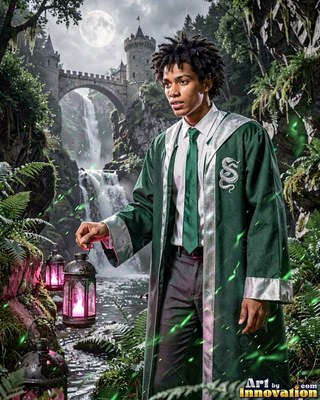 Holding a lantern, a young man in green robes stands near a waterfall and castle
