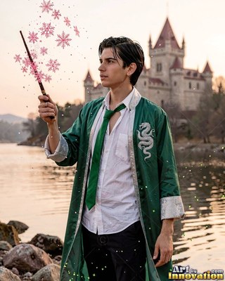 Green robe open, a young man raises a wand near a lake by a stone castle