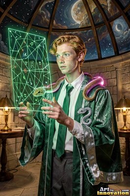 Standing in a stone room, a young man holds up green light with a snake on his neck