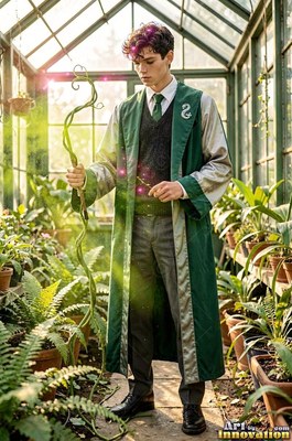 A young man wearing green robes stands holding a winding staff in a sunny greenhouse