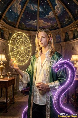 In an observatory dome, a blond man dressed in a long green robe conjures a purple snake