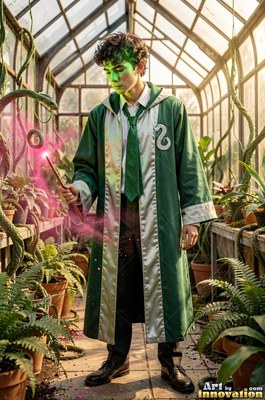 Holding a pink wand, a young man in green wizard robes stands in a glass greenhouse