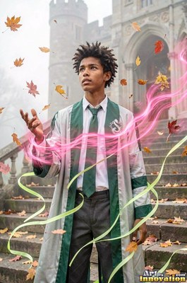 Young man clothed in a long green robe standing outside a castle with autumn leaves