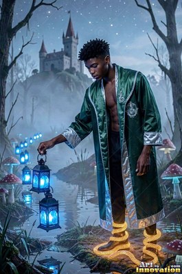Wearing an open loose green robe, a young man holds blue lanterns by a misty swamp near a castle