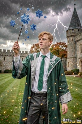 A young man in green robes casts blue snowflakes with a wand under a flash of white lightning
