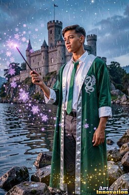A young man in a loose green robe holds a wand by a lake with a stone castle behind him
