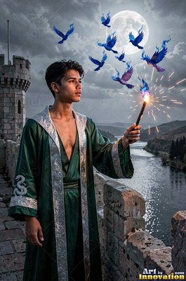 On a stone castle wall, a young man dressed in a green robe holds up a flaming wand