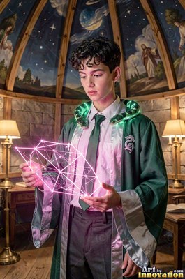 Holding a pink light shape, a young man in green wizard robes stands under a painted dome