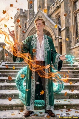 Wearing an embroidered green robe outside a castle, a young man summons a blue snake on snowy steps