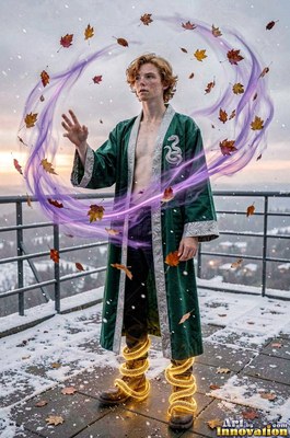 A red-haired young man wearing an unfastened green robe stands outside in the snow spinning purple light and leaves