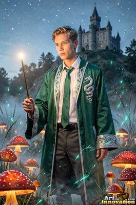 Outside a castle, a young blond man in green robes holds a lit wand among red mushrooms