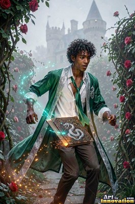 A young man dressed in a long green robe levitating a snake book