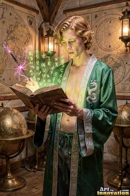 Wearing an unbuttoned green silk robe, a blond man reads a spellbook in a study full of antique globes and maps