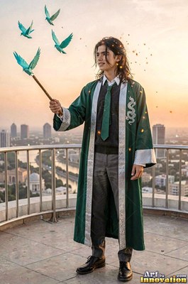 Standing on a rooftop, a man in a green robe holds a wand making blue birds fly