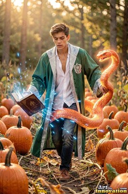 A young man in a green robe holds an orange snake in a pumpkin patch