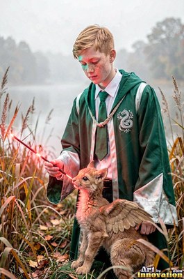 By a misty lake, a young man in green robes points a red wand at a winged cat