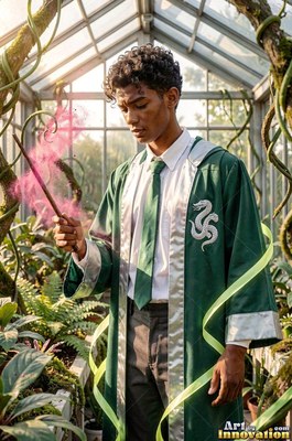 Holding a wand, a young man in green wizard robes stands in a sunlit greenhouse