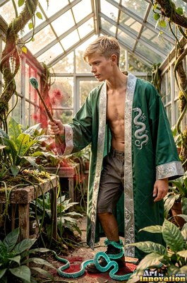 A young man in an open long green robe casts magic near a blue snake