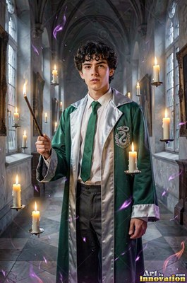 Wearing a green and silver robe, a young man raises a wand in a castle hall lit by floating candles