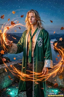 A blond man casts fiery orange swirls from his bare hand over a river at dusk