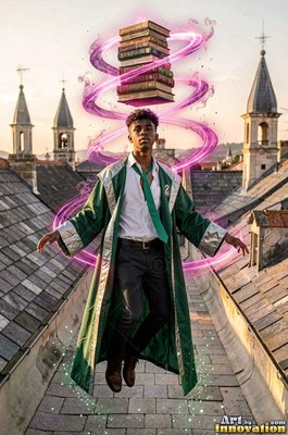 Floating over a slate roof, a young man levitates stacked books with pink light loops