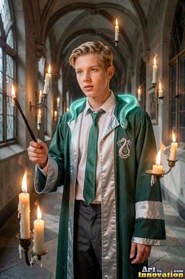 In a stone hallway, a blond young man wears a green robe with a snake on his neck