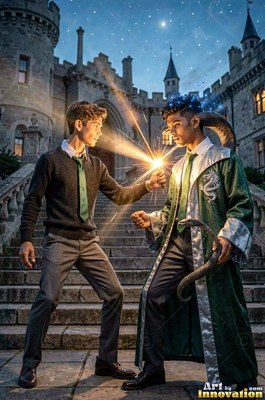 Holding a spark between them, two young men in serpent robes stand by stone steps
