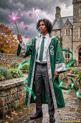 A young man cradles up a wand in the rain as pink sparks burst under a gray sky