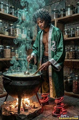Standing in a potion room, a man stirs a cauldron above a fire