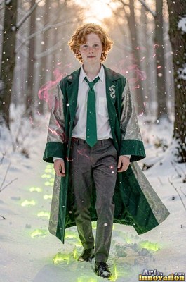 A young man with red hair walks in a snowy woods in a green robe