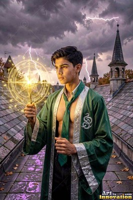 On a castle roof, a young man wearing an open loose green robe holds a wand shining with yellow light