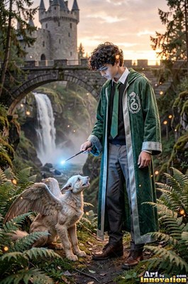 A young man dressed in a long green robe points a wand at a winged wolf puppy in the cool dusk light