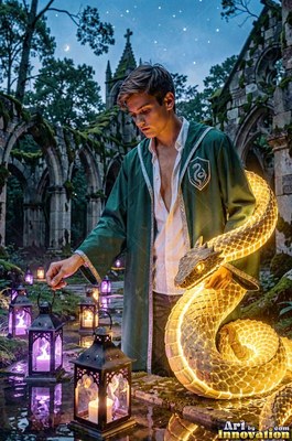 Standing in ruined arches, a young man reaches for lanterns near a bright snake