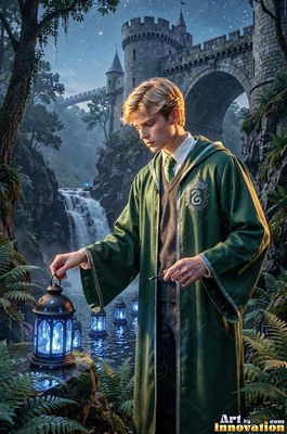A blond young man with a loose green robe holds a blue lantern by a castle waterfall
