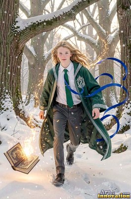 In a snowy forest, a young blond man in a green robe walks past a floating book