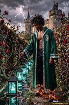Casting a spell with a wand, a man clothed in a loose green robe stands near lit lanterns outside a castle