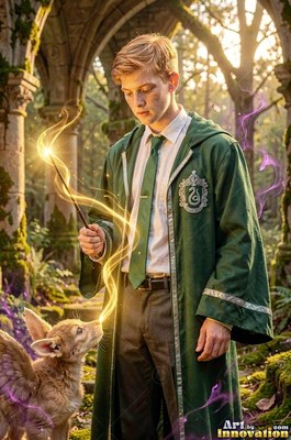 A young man in a loose green robe points a wand at a winged dog