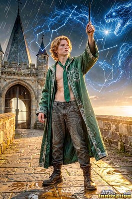 Wearing an open deep green robe, a young man raises a wand on a stone castle walkway under lightning