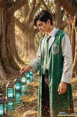 A young man points his wand at lanterns in a forest under soft sunlight