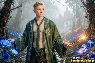 Standing in a misty forest, a blond man holds a wand in a loose green gown