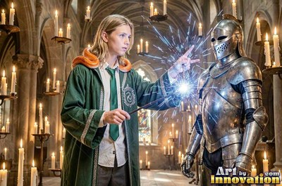 A young blond man in green robes casts bright blue sparks at a metal suit of armor