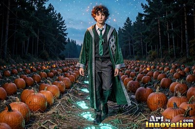 In a pumpkin patch, a young man walks forward wearing green wizard robes