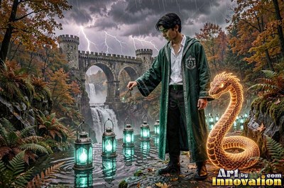 Standing in rain by water, a young man in green robes conjures a fiery serpent
